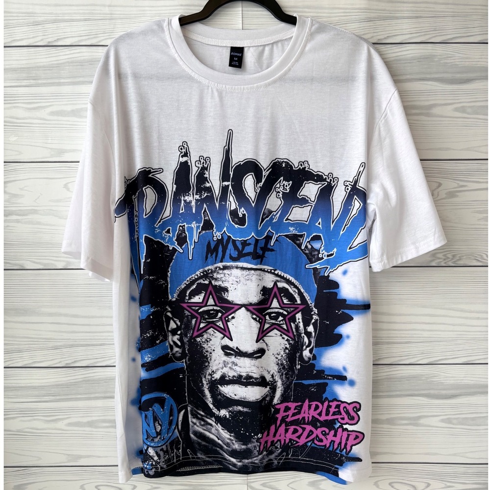 ROMWE Mens White Graphic T-Shirt Fearless Hardship Basketball Streetwear Size M